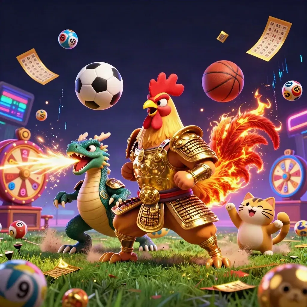 Rooster warrior, dragon hatchling, fortune cat, casino sports props, neon grid, gold glow