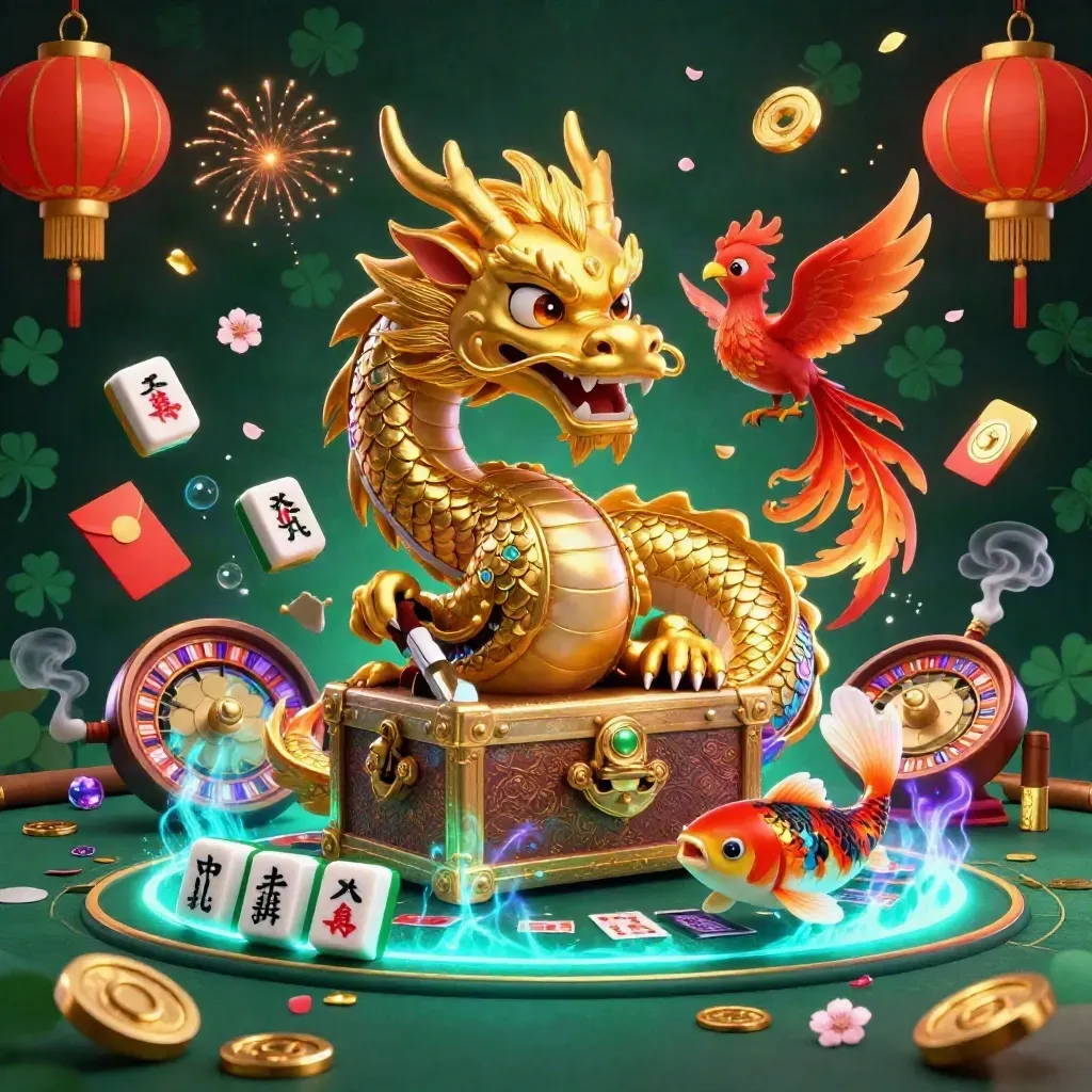 Golden dragon, phoenix, koi, and casino treasures glow in an emerald luxury scene.
