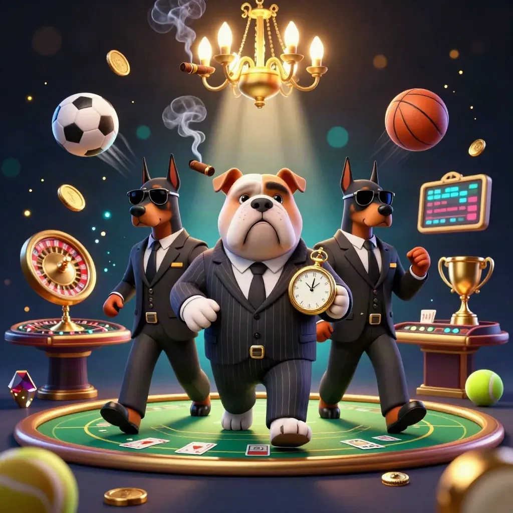 Mafia bulldog and Dobermans amid casino lights, roulette, balls, coins, and luxe blue-gold glow.