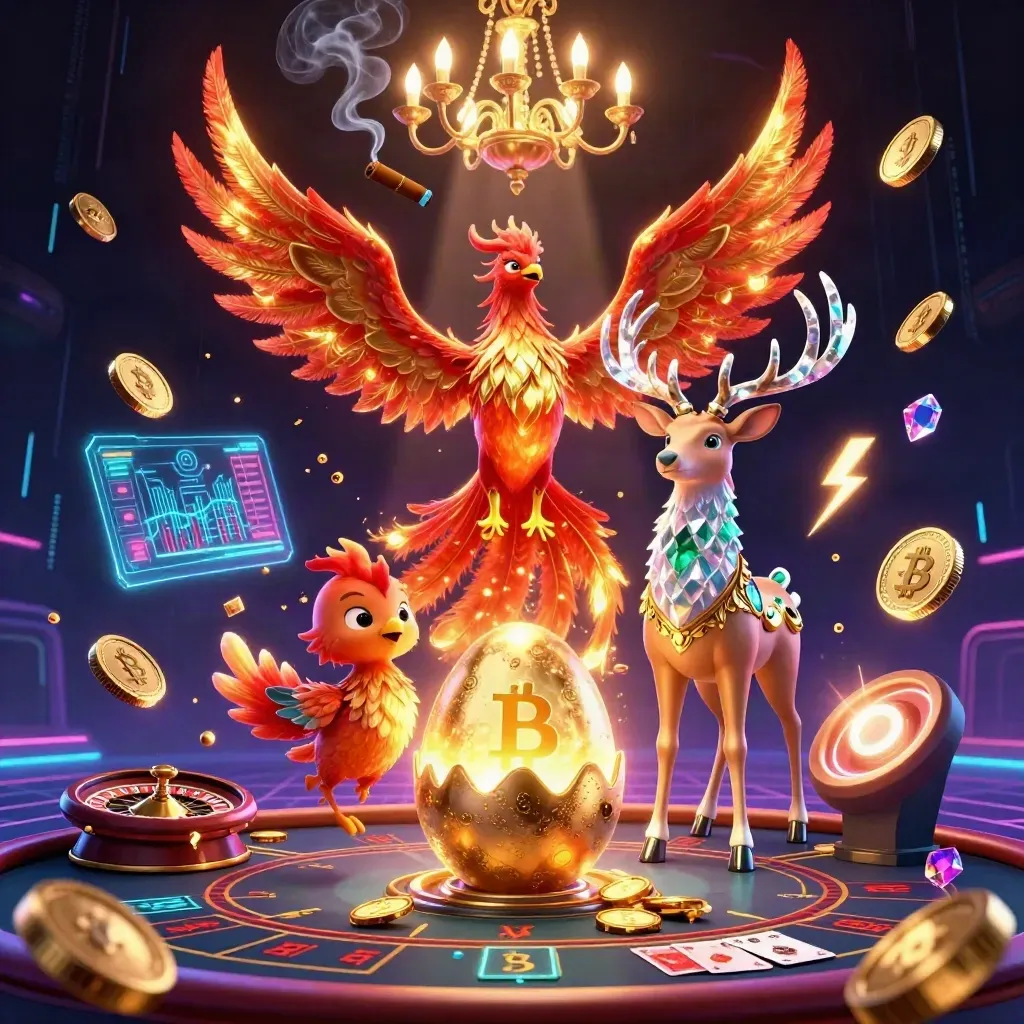 Fire phoenix, hatching baby phoenix, crystal stag, neon casino symbols in luxe dark key art.