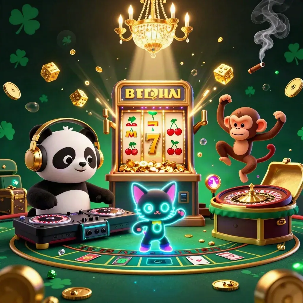 Cartoon panda DJ, monkey, and glow kitten in a luxe casino dreamscape with slots, dice, and gold.