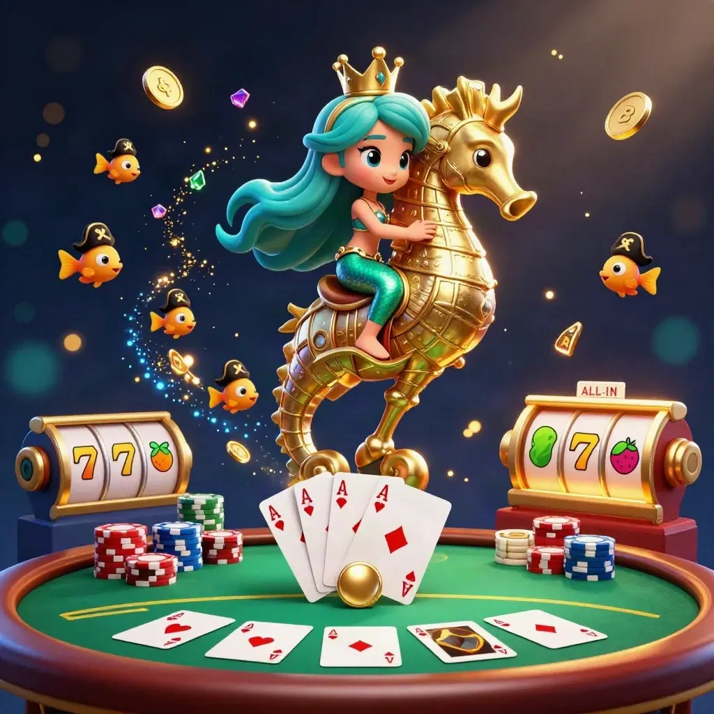 Mermaid princess rides a golden seahorse with fish, chips, cards, and casino magic bursting around.