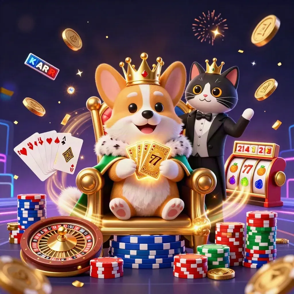 Crowned corgi and cat butler on chip throne amid coins, cards, roulette and neon sparks
