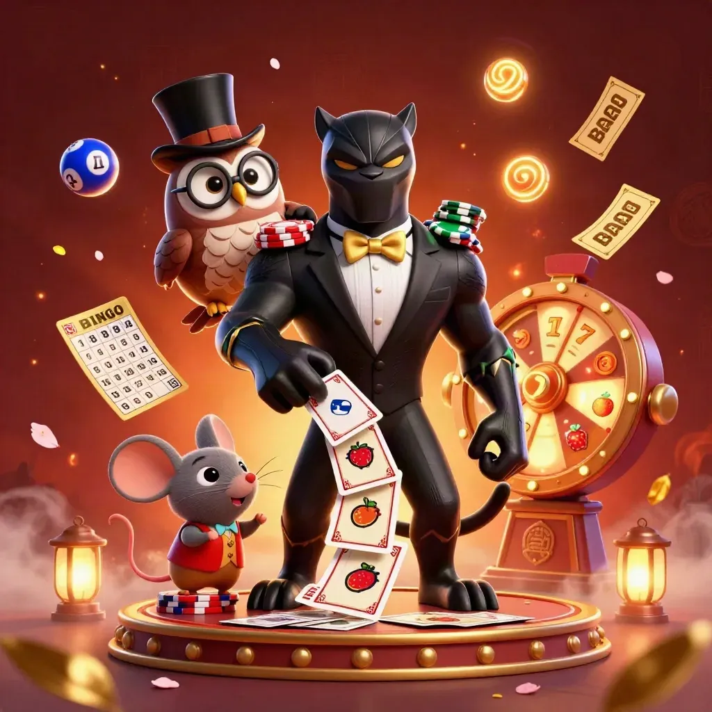 Panther, owl and mouse in luxe casino action with cards, chips, wheel and gold glow.