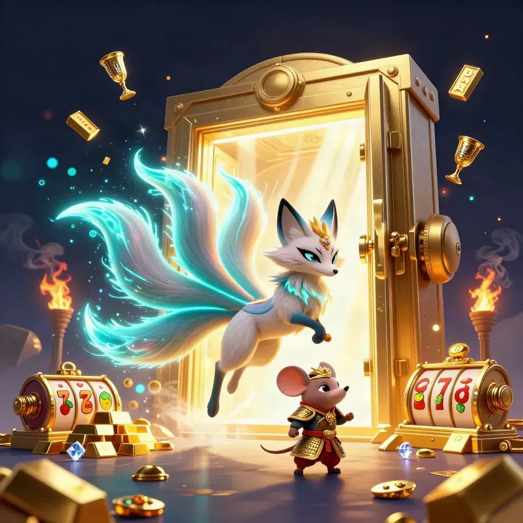Nine-tailed fox spirit and armored samurai mouse burst from a golden vault amid neon loot.