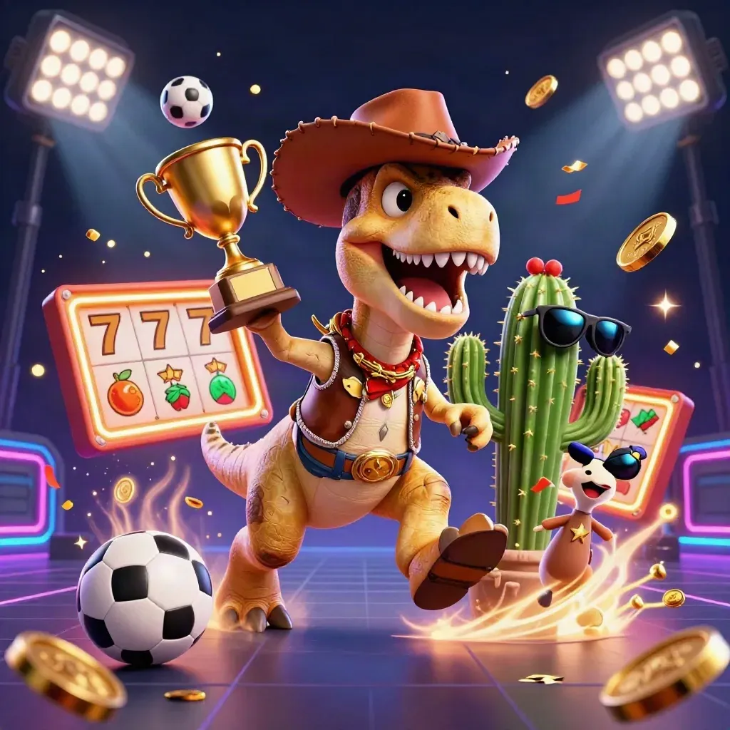 Cowboy T-Rex, cactus sidekick, and roadrunner burst through casino sports chaos with coins, lights, and fireworks.