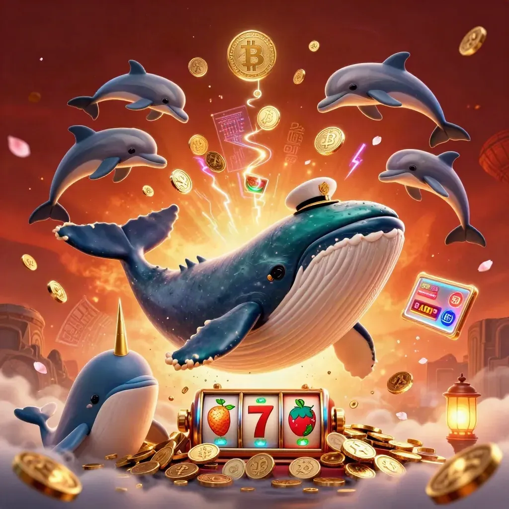 Whale captain, narwhal, and dolphins burst through coins amid casino lights and glowing crypto symbols.
