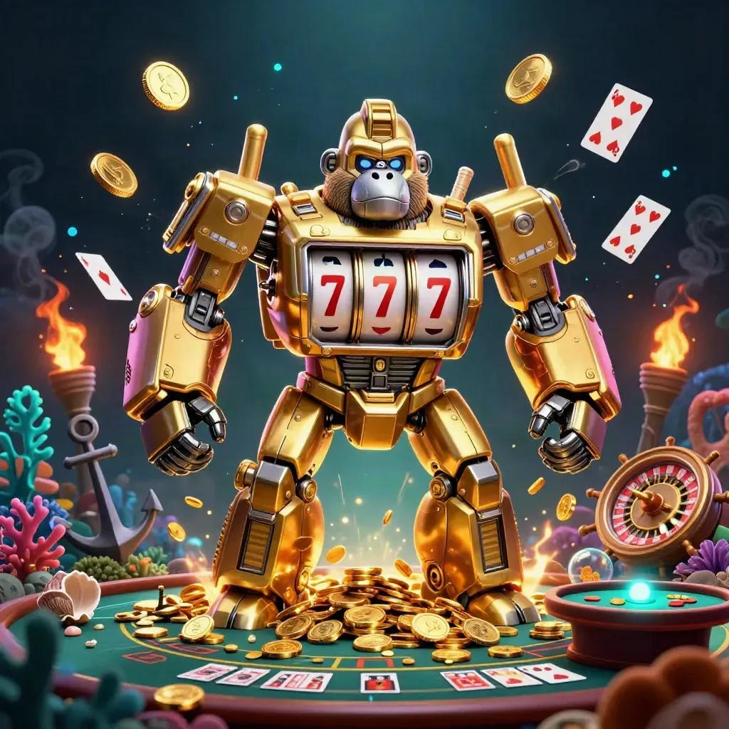 Golden gorilla mech with monkey pilot bursting from a treasure cove of coins, cards, and casino glow.