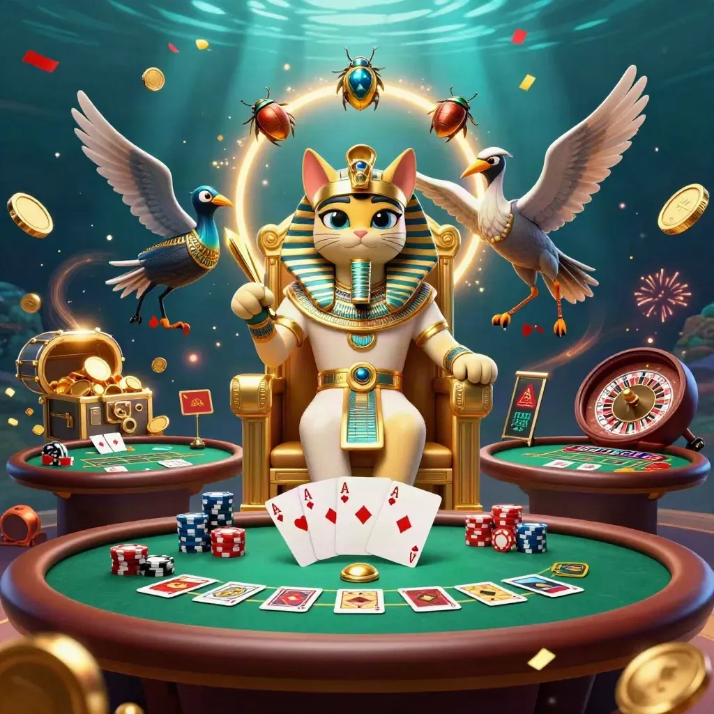 Pharaoh cat, ibis scribe and scarab beetles amid casino coins, chips and fireworks
