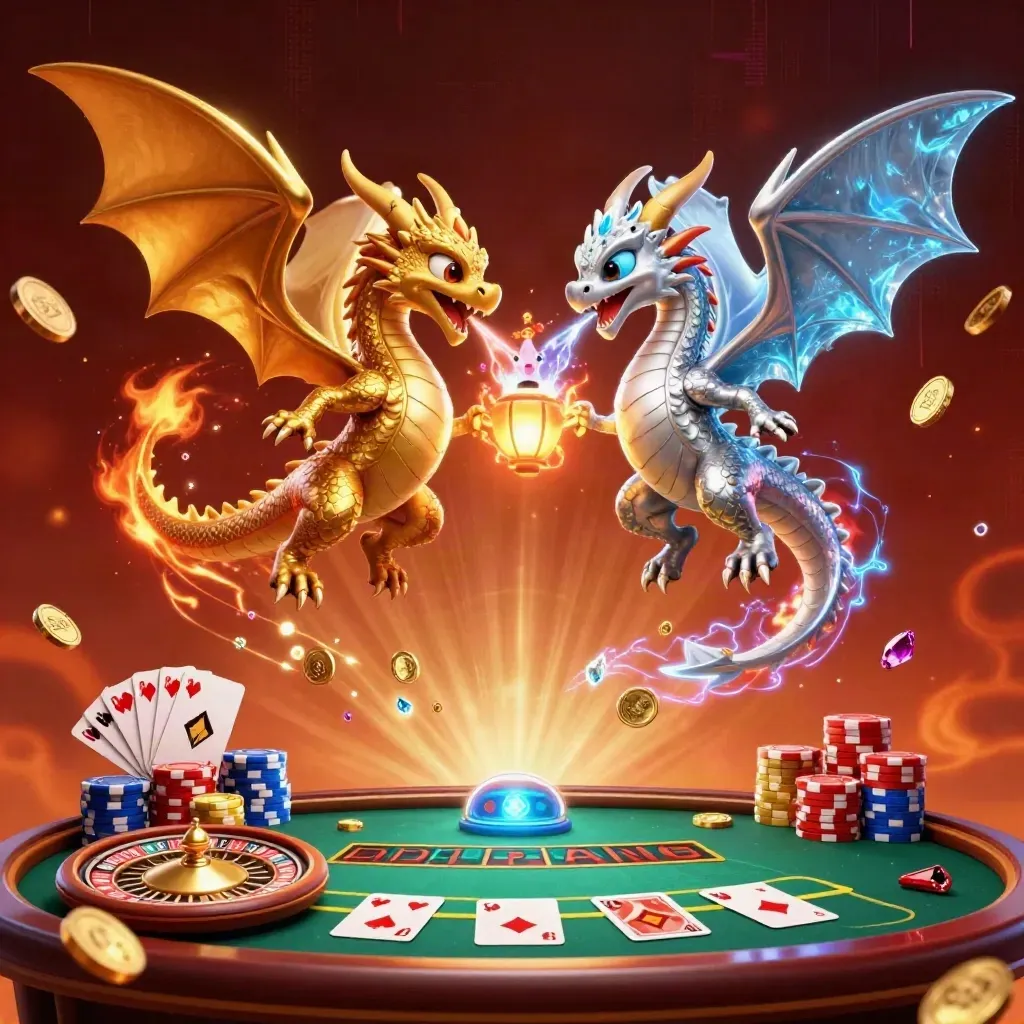 Twin gold and silver dragons swirl with coins, gems, roulette, cards, chips, and fiery casino glow.