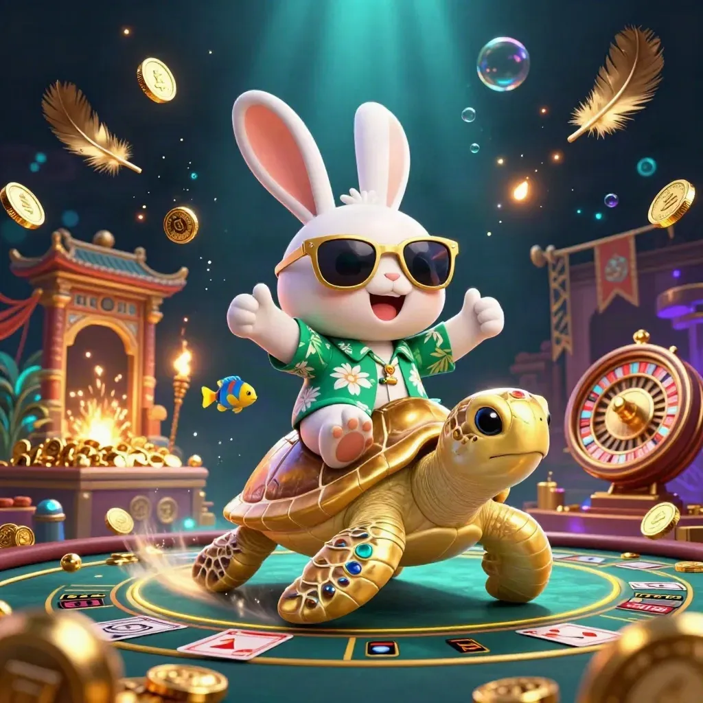 Lucky rabbit rides a gem turtle amid coins, fireworks, reels, cards, and glowing casino magic.