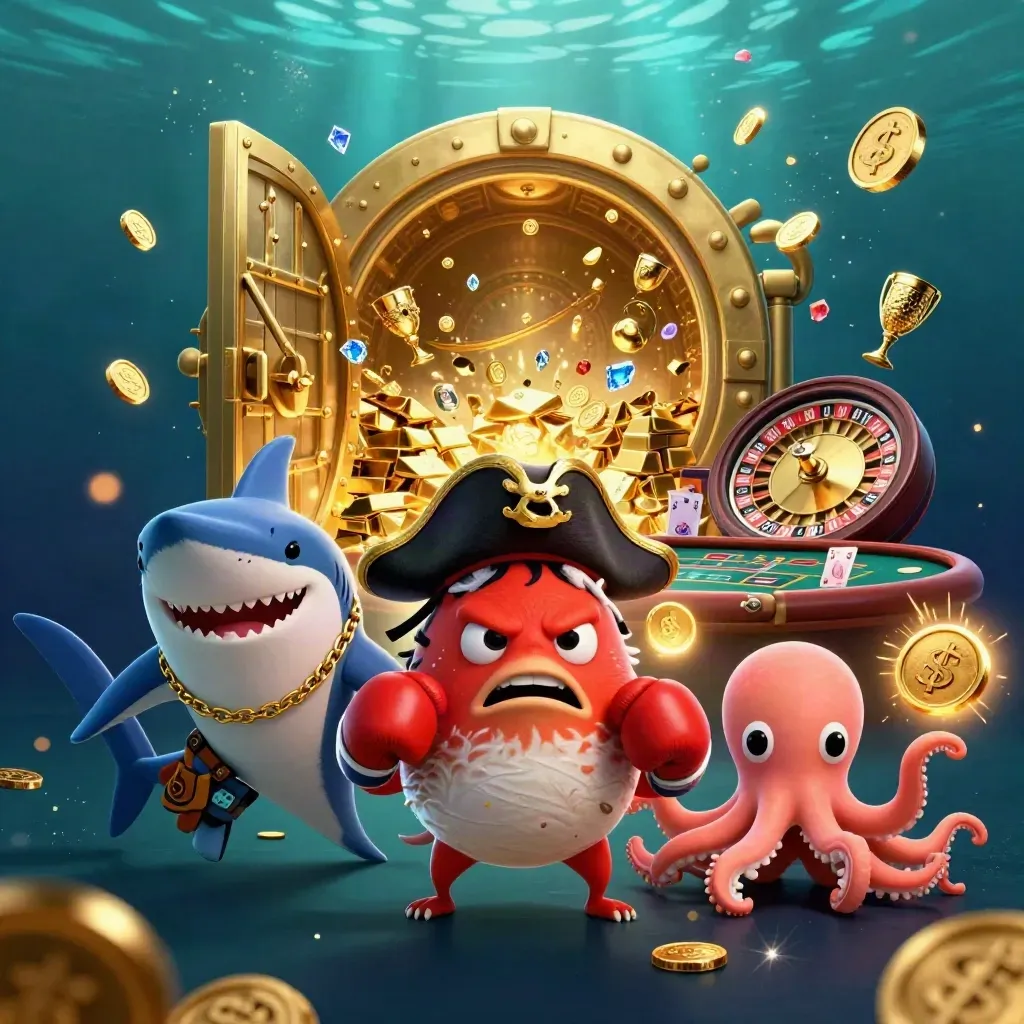 Pirate shark, boxing pufferfish, and juggling octopus amid a bursting vault of gold and jewels
