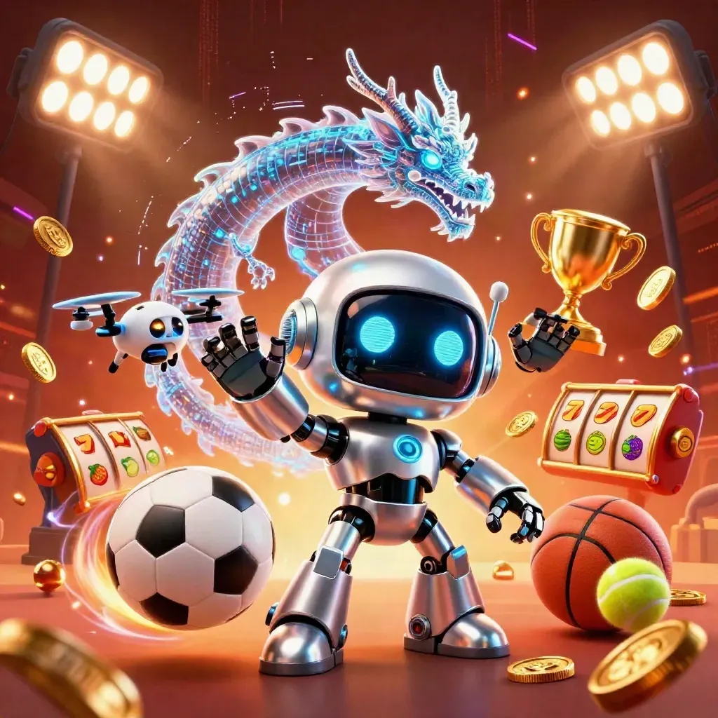 Chrome robot, particle dragon, and coin drone amid casino balls, coins, and neon energy.