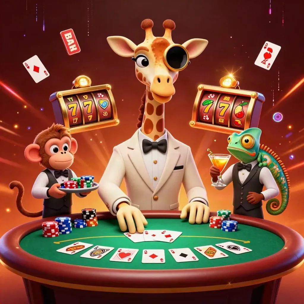 High-roller giraffe, monkey valet, and chameleon bartender at a glowing VIP poker table.