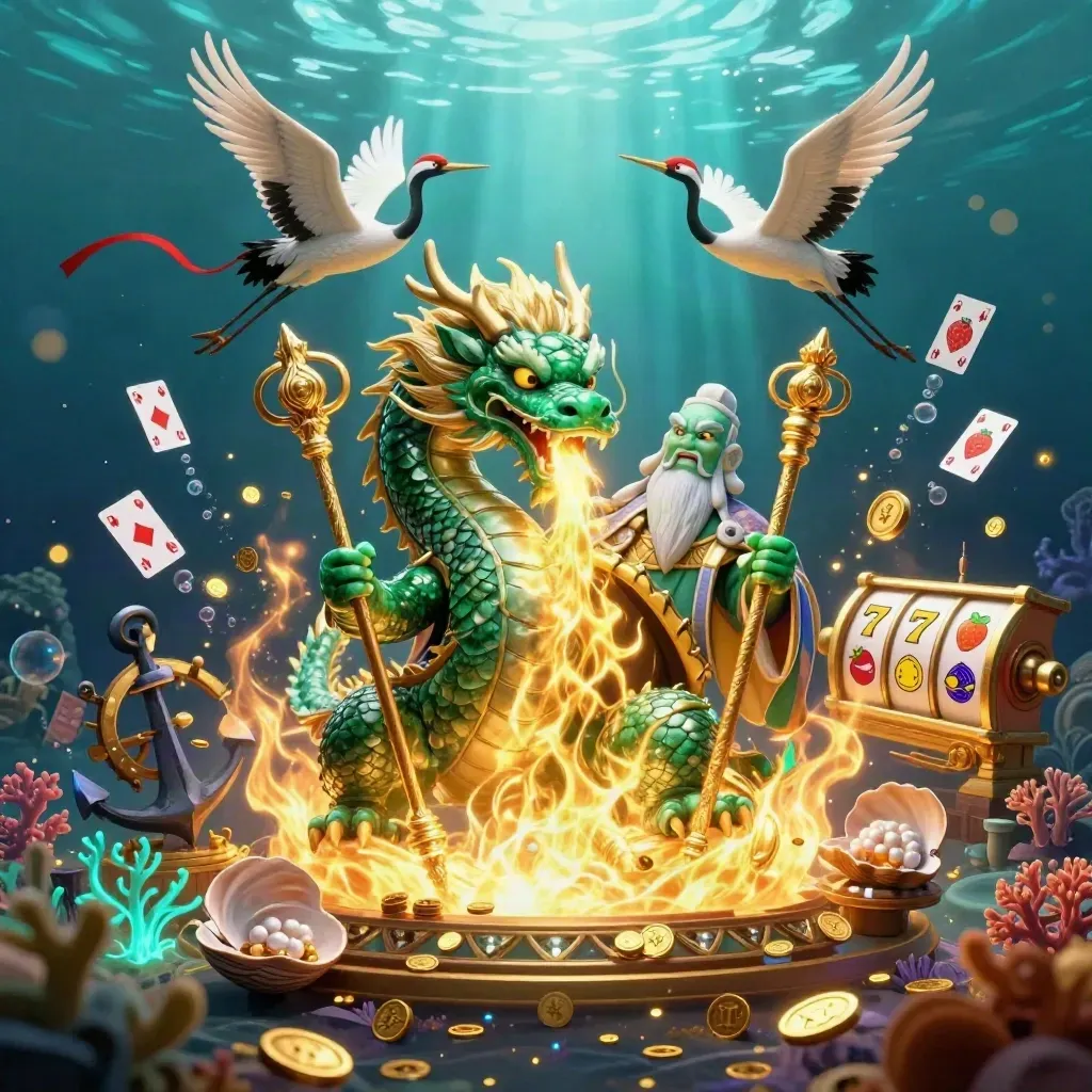Emerald dragon, turtle sage, and ribbon cranes amid gold coins and underwater casino glow.