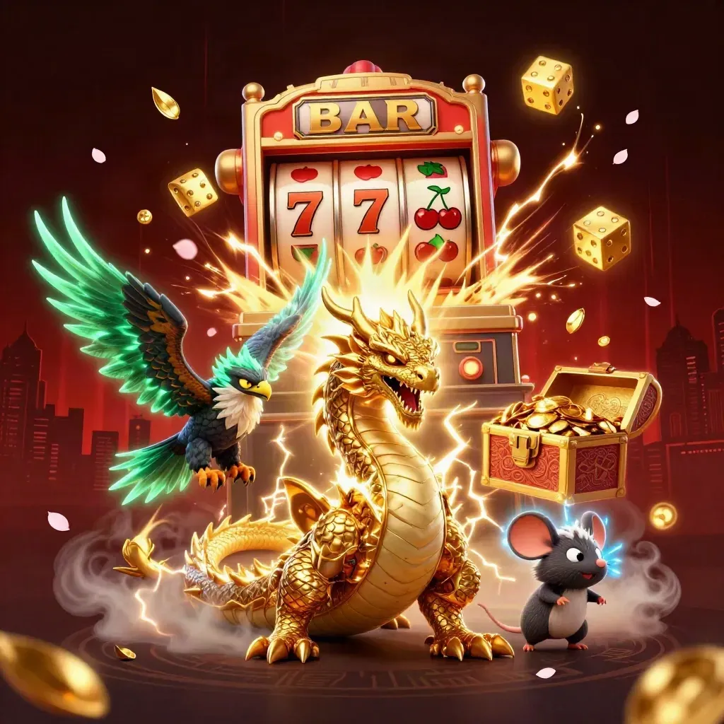 Thunder dragon, wind hawk, and static mouse burst from a jackpot slot machine in luxe glow.