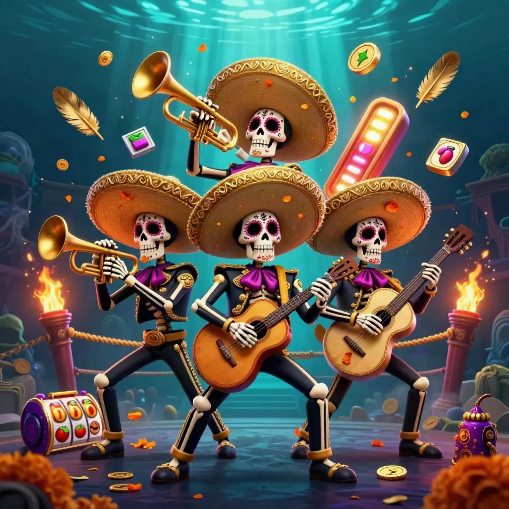 Skeleton mariachi trio amid casino symbols, gold, petals, and temple lights in a dark teal glow.