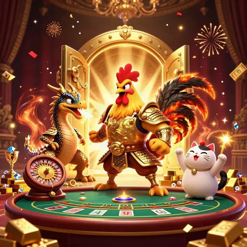 Rooster samurai, dragon hatchling, and fortune cat amid gold vault, casino gear, and sparks
