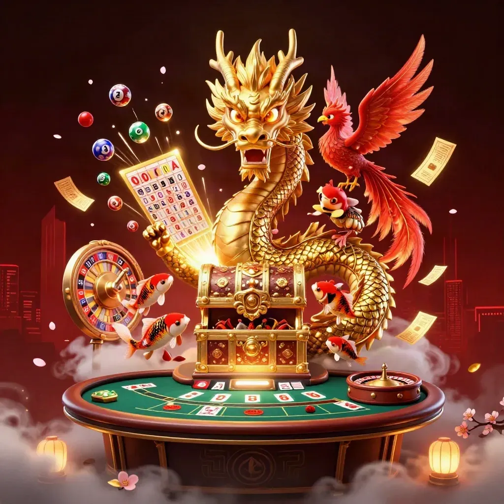 Golden dragon with phoenix, koi and casino relics amid sparks on a dark red luxe backdrop.