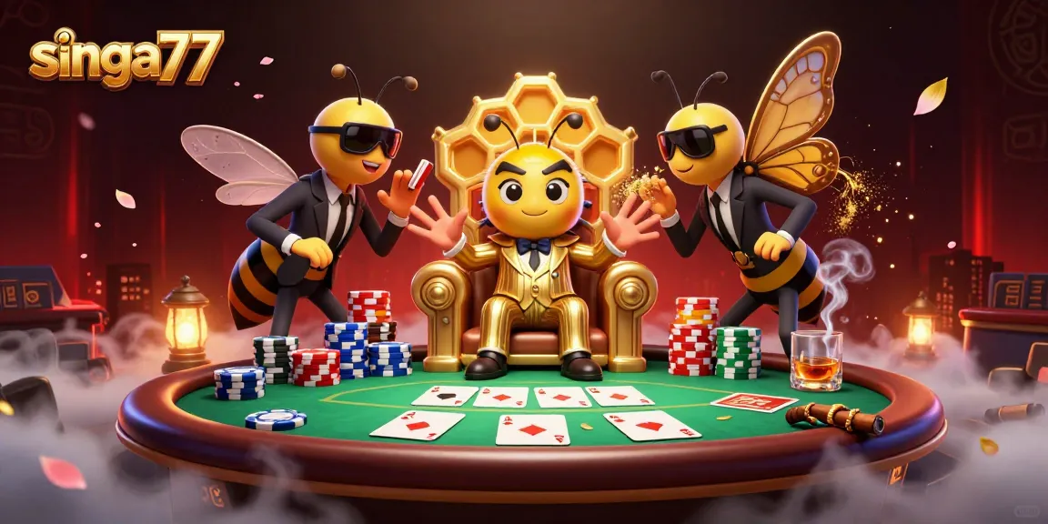 Singa77 poker scene with a cartoon bumblebee mob boss, vibrant chips, and magical ambiance.