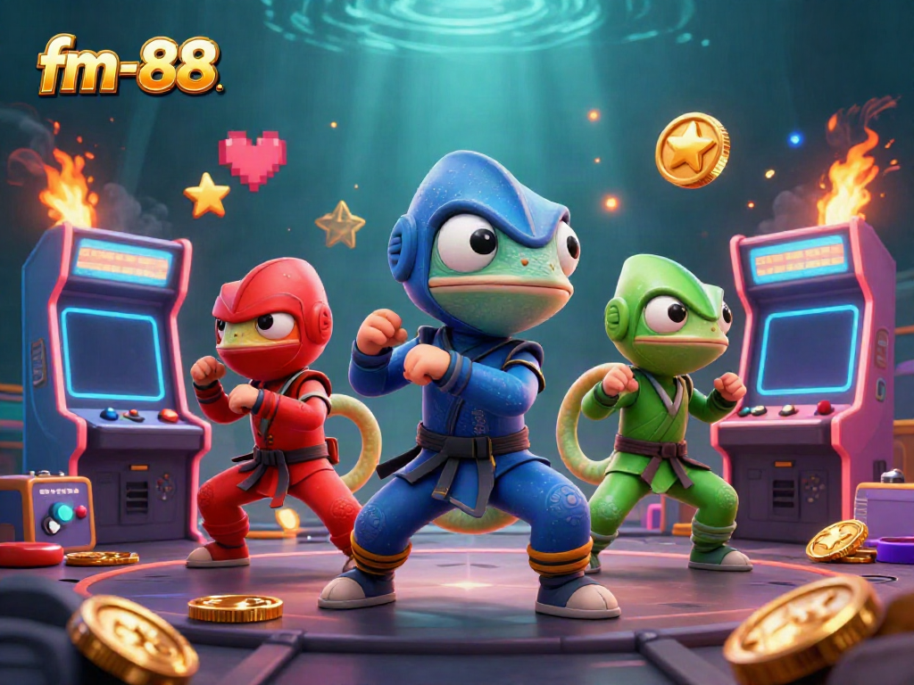 Catch the excitement at fm-88 with ninja chameleons and glowing gaming elements in a vibrant scene.