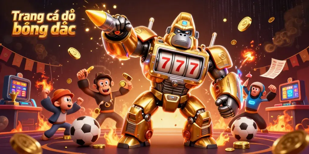Experience the thrill of Trang cá độ bóng đá with an energetic scene of a mech gorilla and sports elements.
