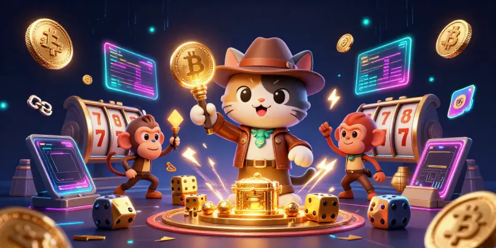 Slot bermain di DEWATASLOT888 dengan penjelajah kucing dan monyet, dibingkai oleh reel slot dan jackpot.