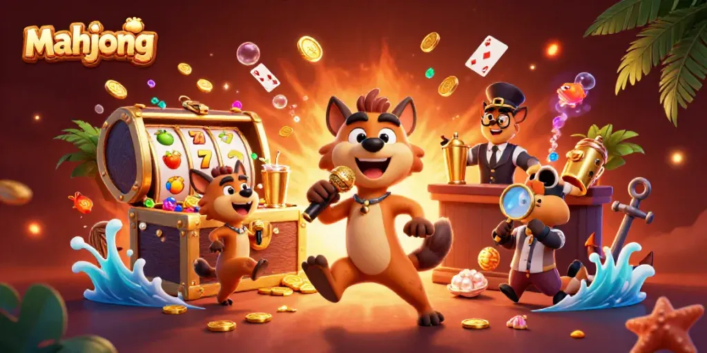 Permainan mahjong yang seru di kasino dengan karakter hyena yang bercanda.