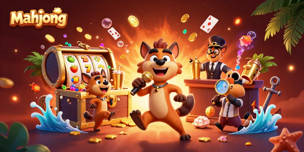 Permainan mahjong yang seru di kasino dengan karakter hyena yang bercanda.