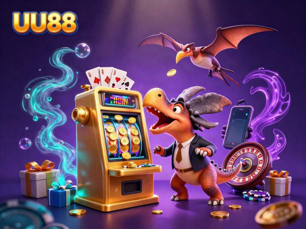 UU88 captures the excitement of jackpots with dinosaurs, coins, and vibrant casino elements.
