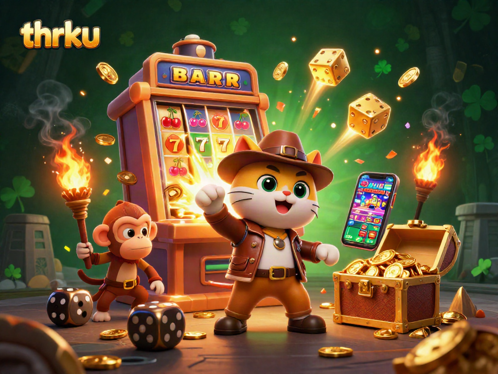 Engage in thrilling casino adventures with thrku, featuring a cartoon explorer cat and dynamic slot machine.