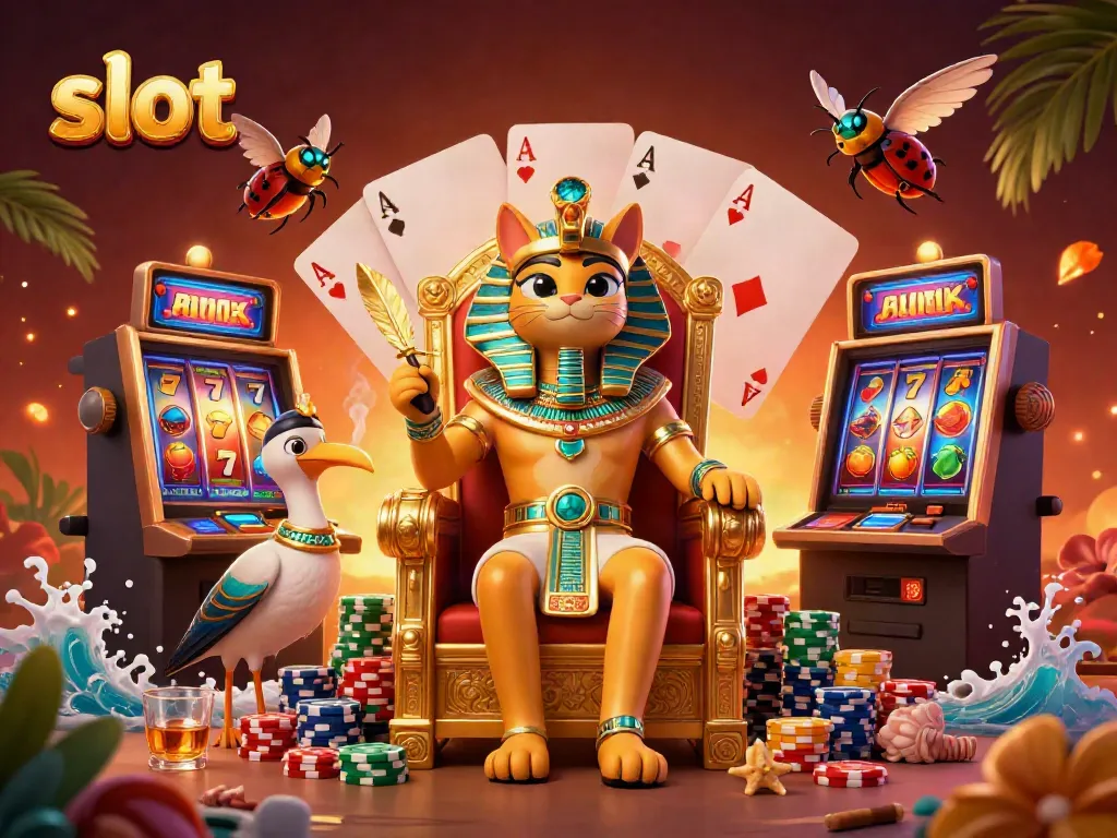 Experience the excitement of slot gaming in a vibrant, detailed 3D casino scene featuring Egyptian characters.