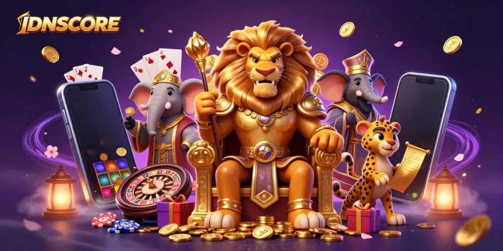 Engage with IDNSCORE's vibrant casino world featuring a lion king, elephant, and cheetah amidst thrilling games.