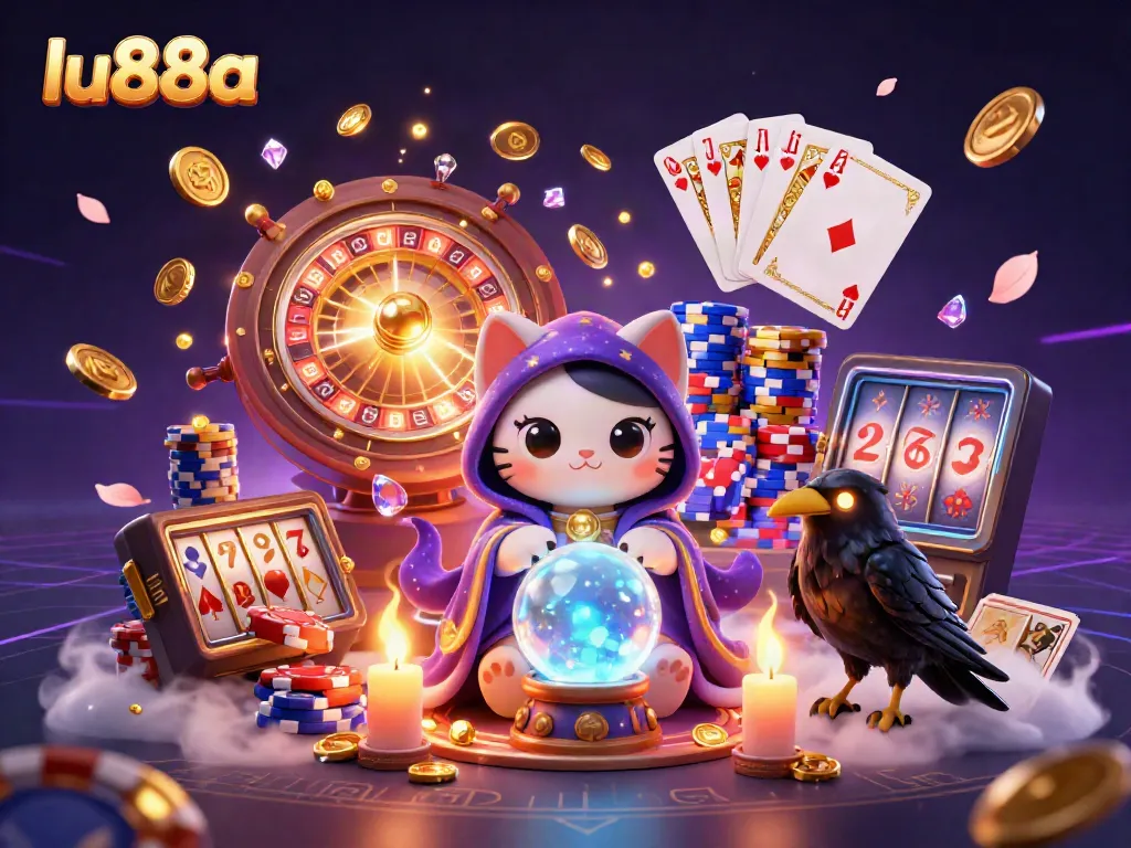 Experience the thrill at lu88a with a mystic cat, tarot raven, and vibrant casino elements!