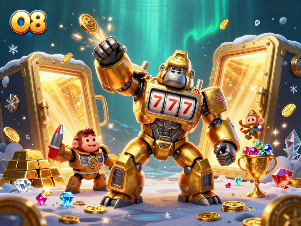 Experience thrilling wins at O8 with the golden gorilla mech and treasures bursting forth.