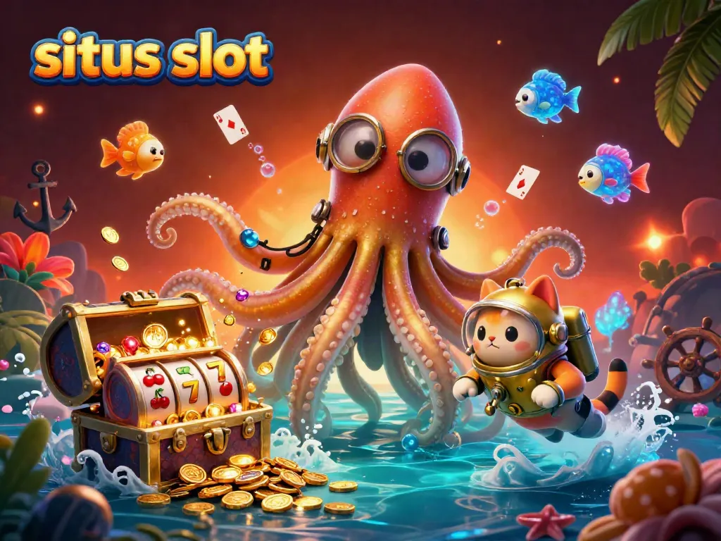 Ilustrasi kolosal situs slot menampilkan menariknya karakter 3D dengan simbol mesin slot di lautan