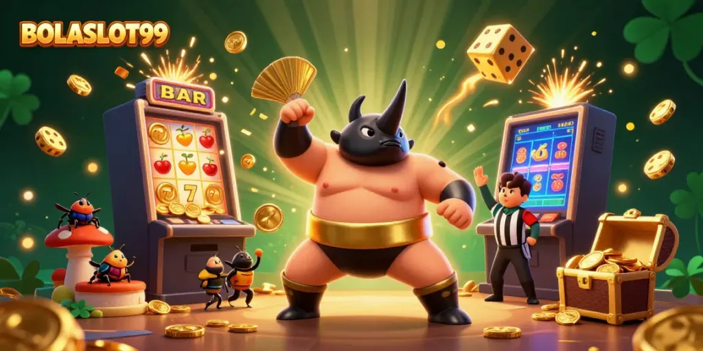Experience thrilling gameplay with BOLASLOT99, featuring a dynamic illustration of slot excitement and winning moments.