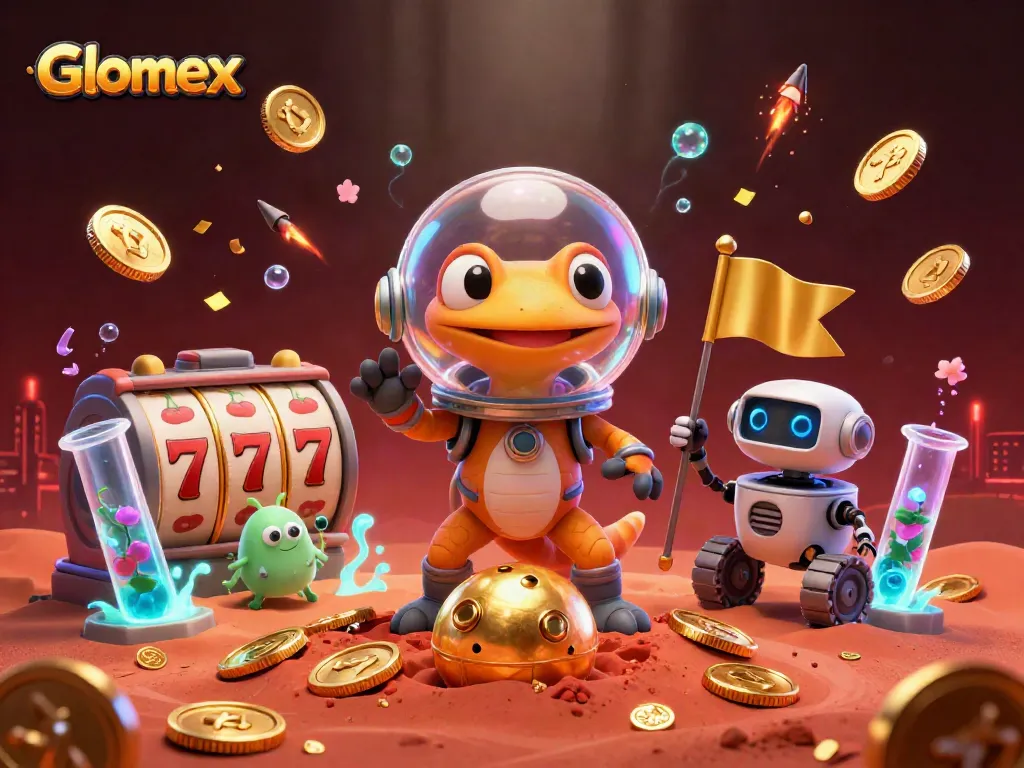 Glomex transports players into an exhilarating casino adventure with vibrant slot reels, golden coins, and vibrant fireworks in space.
