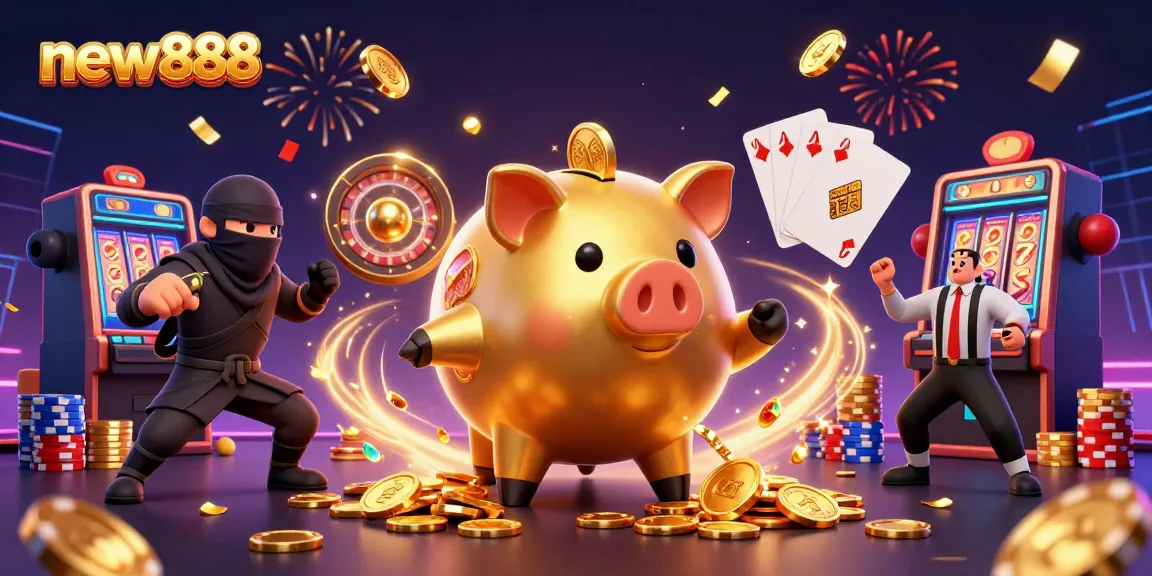 Join the action with new888 as the golden piggy bank and wallet ninja clash amidst cascading coins and vibrant slots.