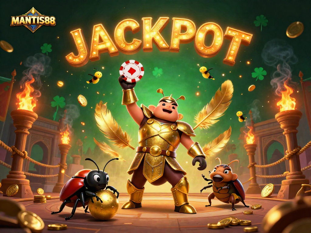MANTIS88 features a victorious beetle lifting a poker chip in a casino-themed gladiator scene.