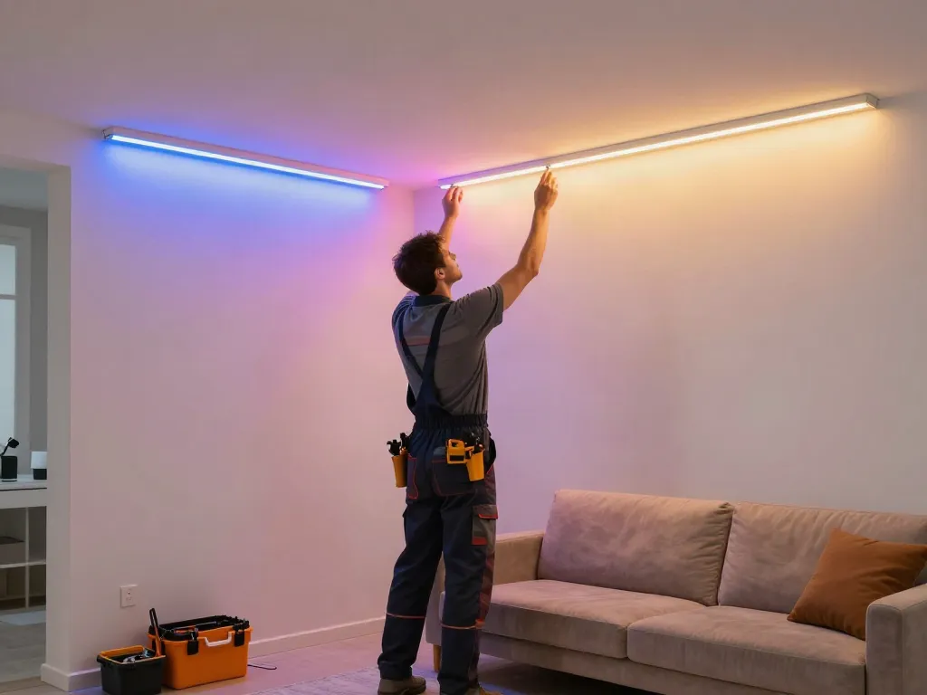 Instalație de benzi LED 220v de către un profesionist, în interiorul unei locuințe moderne, pentru un iluminat atrăgător.