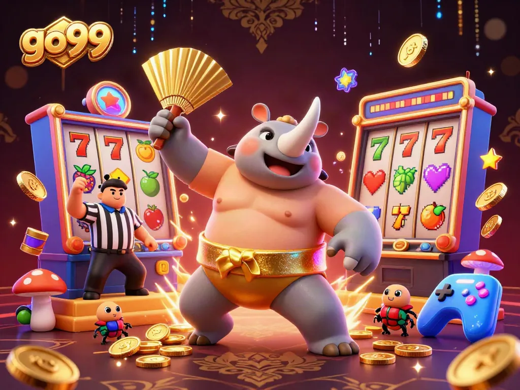 Experience the excitement of go99 with a vibrant casino scene featuring slot machines and unique characters.