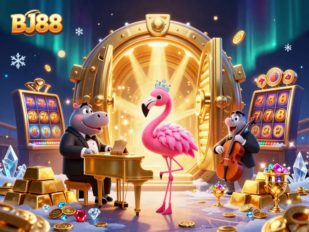 BJ88 showcases vibrant casino energy with animated characters and luxury gaming elements in a dynamic setting.