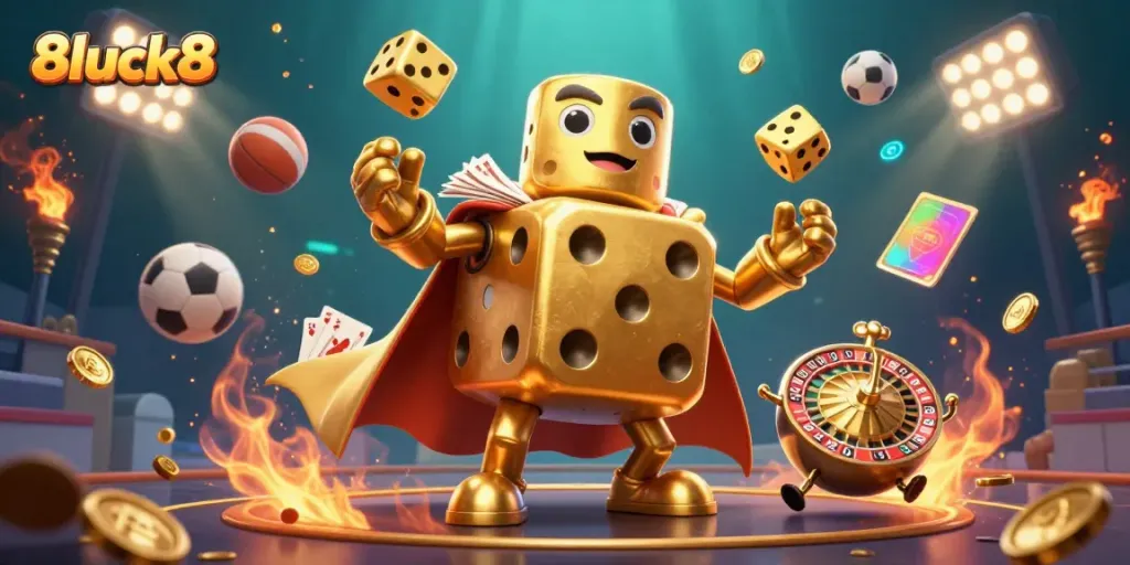 Enhance your gaming experience at 8luck8 with a dynamic golden dice golem and thrilling casino elements.
