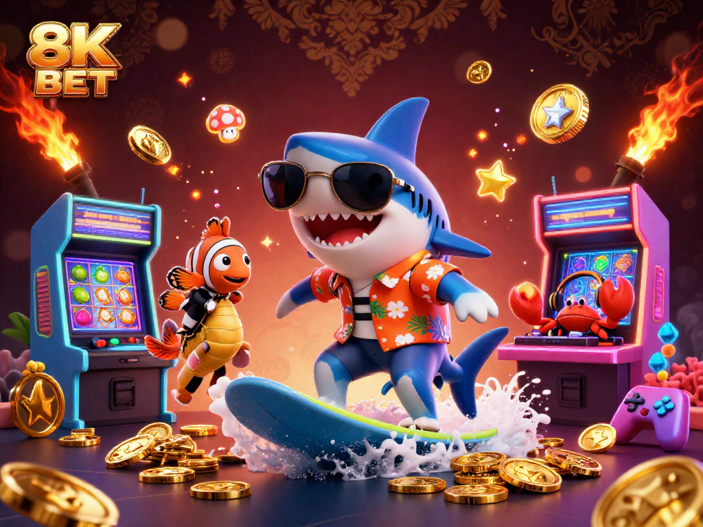 Engage with 8K BET's thrilling casino adventure featuring a shark, clownfish, and crab in vibrant 3D.