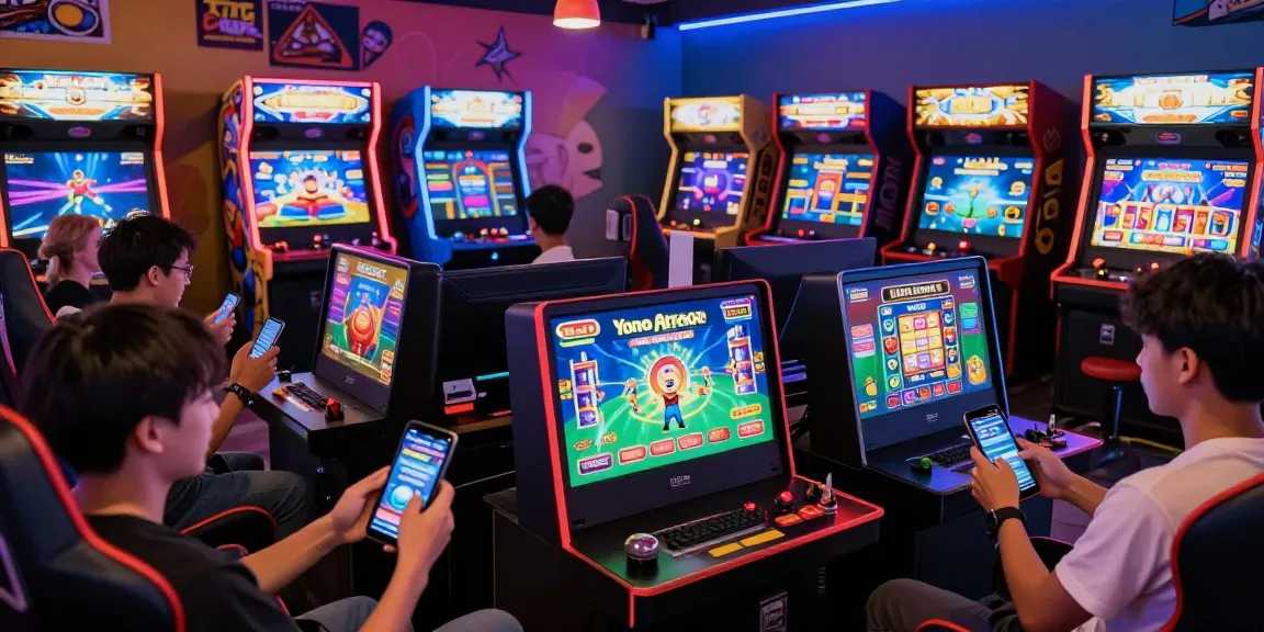 Players enjoying Yono Arcade games in a vibrant gaming lounge.