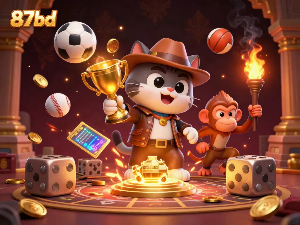 Engage with thrilling casino adventures at 87bd featuring a playful archaeologist cat and dynamic sports elements.