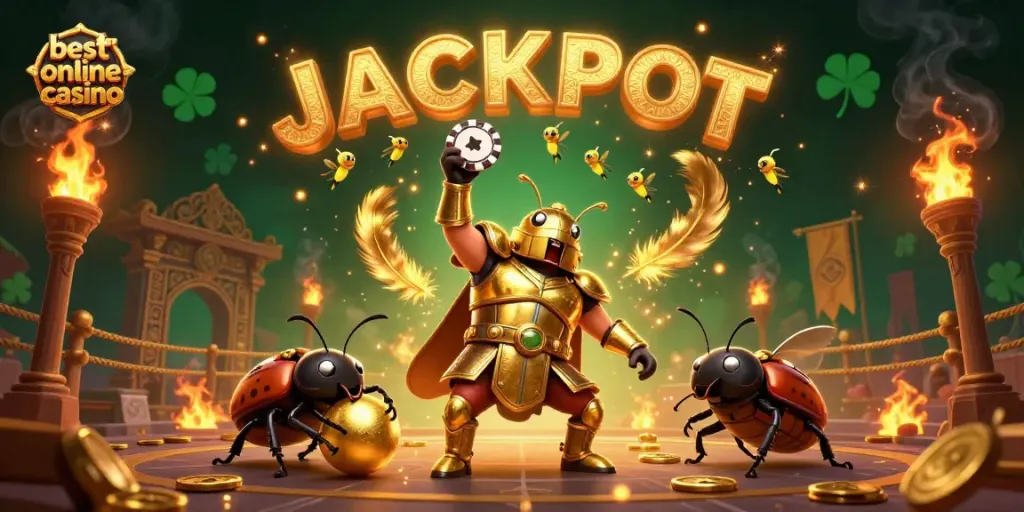 Engage with the best online casino through a victorious beetle lifting a poker chip amid vibrant gaming elements.