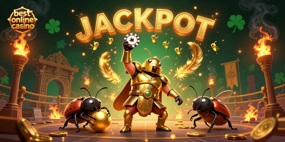 Engage with the best online casino through a victorious beetle lifting a poker chip amid vibrant gaming elements.