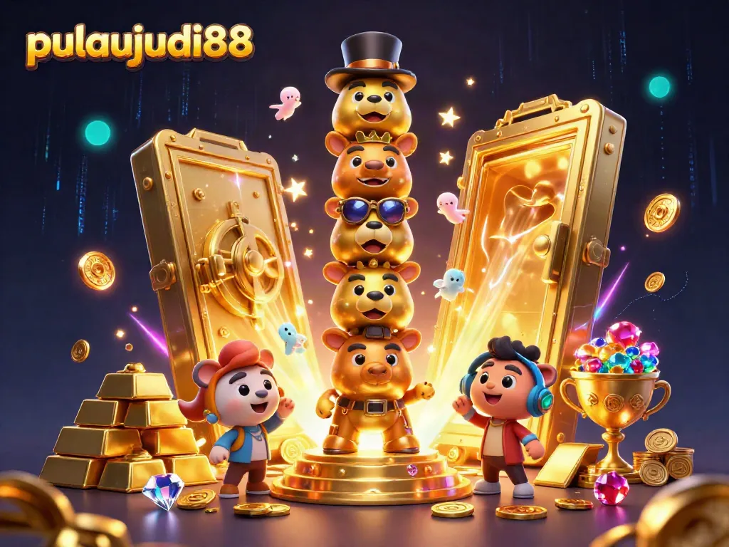 Pulaujudi88 menampilkan totem emas yang dikelilingi oleh harta karun dan efek visual yang memukau.